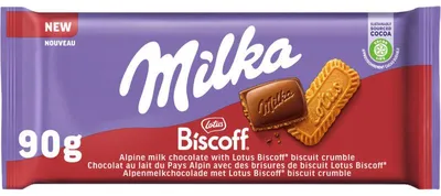 Obrázok produktu pre Milka čokoládová tyčinka Lotus Biscoff 90g - krémová čokoláda z alpského mlieka s kúskami lotosových sušienok