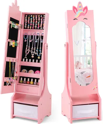 Immagine prodotto di COSTWAY Armadietto portagioie per bambini, 2in1 inclinabile con specchio a figura intera, cassetto e cestino portaoggetti, unicorno 31,5x30x115cm rosa