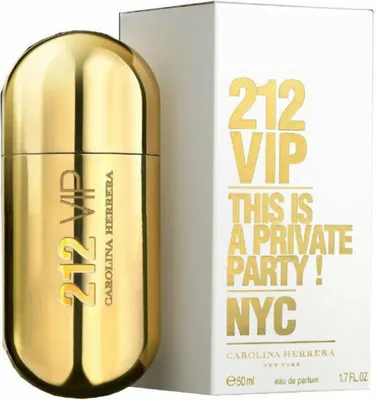 A gold perfume bottle and its white packaging are shown against a white background.