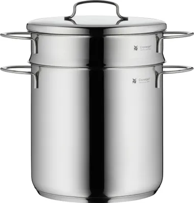 A stainless steel pasta pot with a lid and insert, shown against a white background.