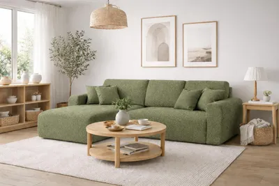 Image de Canapé d'angle avec fonction couchage et coffre de rangement, forme en L, Ivo L, tissu chenille Artico, Moss, gauche