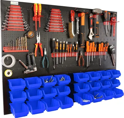 Produktbild von botle® Werkzeugwand Lochwand aus Metall, Stapelboxen + Wandregal + Werkzeughalter 51-tlg Set, Kleinteilelager,  Wandwerkstatt mit 24 stapelbaren Blau 2 Größen Behältern, Hängeregal Sortierregal