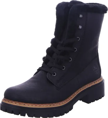 A black lace-up boot with faux fur lining.