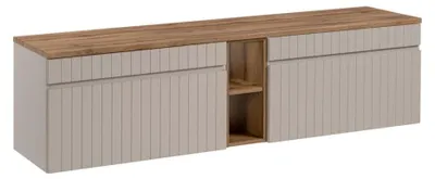Produktbild von ICON Set: Waschtischunterschrank 180cm in Kaschmirfarbe mit sichtbaren Nischen in Holzoptik + Waschtischplatte in Holzoptik