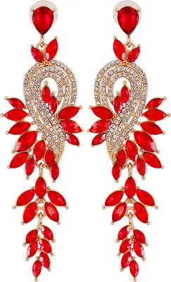 Produktbild von 1 Paar baumelnde Ohrringe, geometrische Kunstkristall-Schmuck, elegante lange Tropfen-Ohrringe für Hochzeit-Rot