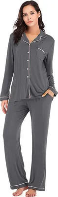 Image de ASKSA Pyjama Femme Long Doux Pyjama avec Patte de Bouton Manches Longues Deux Pièces Pyjama d'intérieur, Gris, M