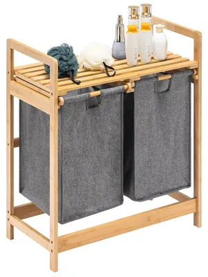 Produktbild von Wäschekorb mit Bambusrahmen - 2 Fächer - Wäschecontainer mit Innentaschen - 73 x 64 x 33 cm