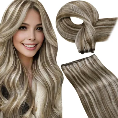 Produktbild von Haartressen Echthaar Braun Highlight Hellbraun Platinblond Glatt 55cm 100g