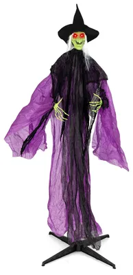 Obrázok produktu pre COSTWAY, 220 cm, Halloween, animatronická čarodejnica s detektorom zvuku, vhodná na vnútorné aj vonkajšie použitie, s LED očami a automatickými pohybmi rúk, fialová