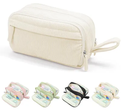 Produktbild von Federmäppchen aus Cord für Mädchen und Teenager, geräumiges Schul-Federmäppchen mit 3 Fächern für Schule und Büro (beige)