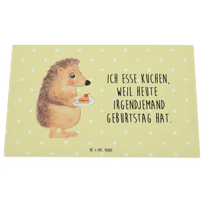 Produktbild von Mr. & Mrs. Panda Küchenbrett Igel Kuchenstück - Gelb Pastell - Geschenk, Geburtstagskuchen, Glasbrett Küche, Lustige Sprüche, schneidbrett, Glas Schneideplatte, Hackbrett