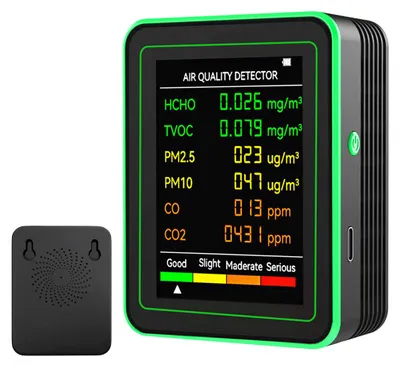 Produktbild von 6-in-1 Luftqualitätsmonitor, Multifunktionaler Kohlendioxiddetektor, Wiederaufladbar Raumluft-Analysegerät für PM2.5, PM10, CO, CO2, HCHO, TVOC