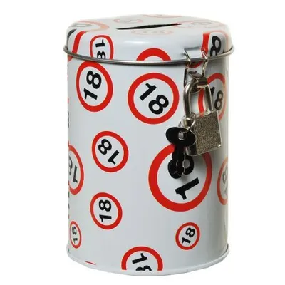 Produktbild von Spardose Metall Dose rund mit Schloss weiss mit Verkehrsschild Zahl 18 7,5x10,5c