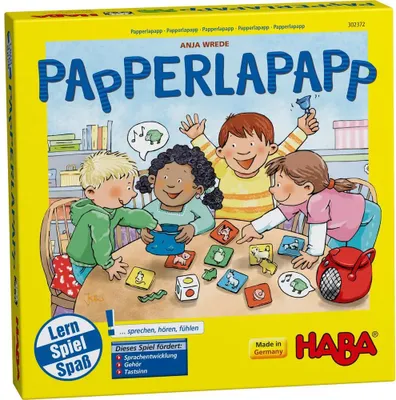 The image shows the front of a board game box for 'Papperlapapp' by HABA, featuring cartoon illustrations of children playing the game.