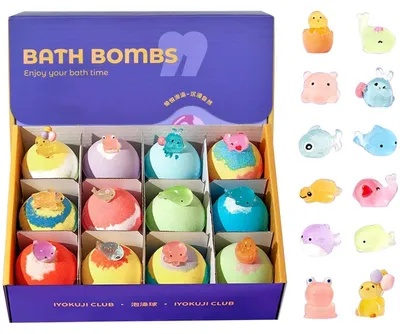 Zdjęcie produktu dla Zestaw prezentowy "Badebomby" dla dzieci, zawierający niespodzianki, 12 organicznych kulek do kąpieli z zabawkami i zapachami owocowymi