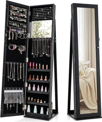 Image de Armoire à bijoux, miroir pleine longueur avec miroir intégré pour le maquillage, verrouillable, autoportante, rangement à bijoux, organisateur à bijoux (noir)