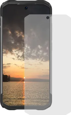 A screen protector is placed over a smartphone displaying a sunset over water.
