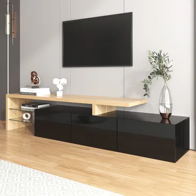 Image de OKWISH Meuble TV 197,5x39x42 cm - Design LED avec 3 portes en verre - Noir