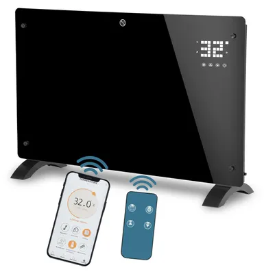 Obrázok produktu pre Elektrické konvektorové kúrenie ISOISL, 2500 W, čierna farba. Vybavené Wi-Fi aplikáciou, LED dotykovým ovládaním, nastaviteľnou teplotou 5–50°C, 24h časovačom, ochranou IP24 a je mobilné vďaka kolieskam