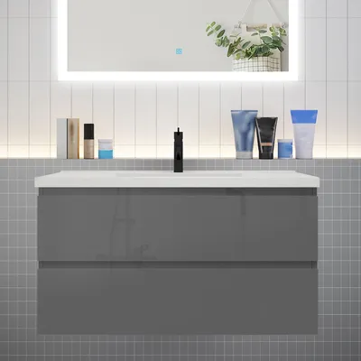 Produktbild von Badmöbel Set HUTI-Serie 100cm Keramik Waschbecken mit Unterschrank Badezimmermöbel mit 2 Schubladen Hochglanz Dunkelgrau Hängeschrank