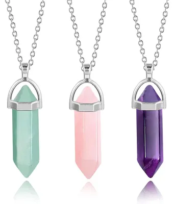 Productafbeelding van Kristallen set met 21 stuks, inclusief chakra-stenen en hangers, in de kleuren groen, roze en amethist