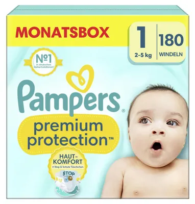 Immagine prodotto di Pampers® 8006540705513 scatola mensile di pannolini premium protection™ taglia 1 (2-5 kg) per neonati (0-3 mesi), 180 pezzi.