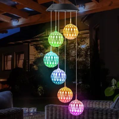 Produktbild von Riisoyu Solar Windspiel für Draußen, 6 LED Solar Kristallkugel Windspiel Licht Farbwechsel Wasserfest Dekorationen für Garten deko draußen Hof Baum Balkon Terrasse und Heimdekoration