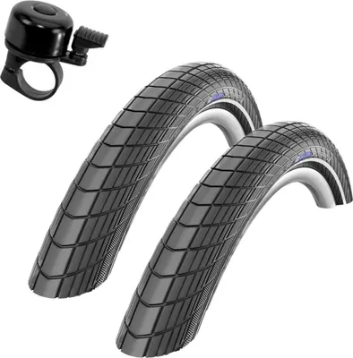 Image de 2 pneus de vélo Schwalbe Big Apple RaceGuard E-25 avec bandes réfléchissantes 50-559 (26 x 2,00") et sonnette