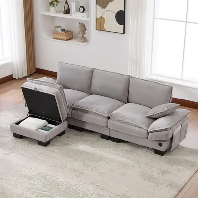 Produktbild von okwish Modulares Sofa 3-Sitzer mit 1 Hocker Ergonomische Breite Sitzfläche Loungesofa mit USB-C Anschluss Wohnzimmersofa mit Seitentaschen Wohnzimmer Corduroy Hellgrau
