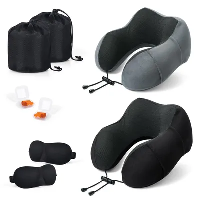 Image de Ensemble de 2 coussins de voyage : coussin cervical en mousse à mémoire de forme, avec masque de sommeil et bouchons d'oreille