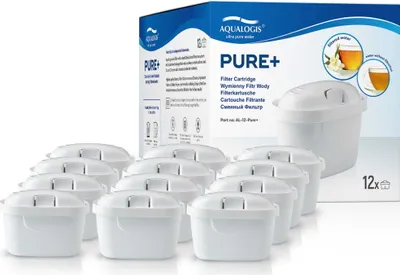 A box of Aqualogis Pure+ filter cartridges with multiple cartridges displayed in front.