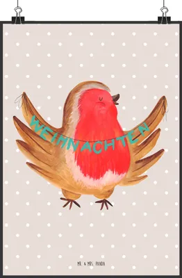 Produktbild von Mr. & Mrs. Panda Poster Rotkehlchen Weihnachten DIN A2 - Beige Pastell - Geschenk, drucke, Xmas, Vogel, wanddeko, Weihnachtsgruß, Winter, Wandbild, Frohe, Wanddekoration