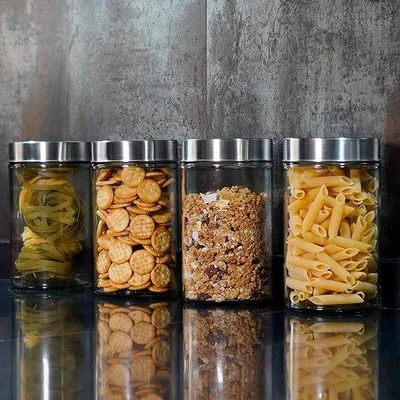 Zdjęcie produktu dla Szklane pojemniki do przechowywania, 0,9 l (17 x 10 cm). Pojemniki ze szkła borokrzemowego z pokrywkami ze stali nierdzewnej 201. Szklane pojemniki.