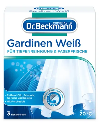 A product box for Dr. Beckmann Gardinen Weiß, a curtain whitener.