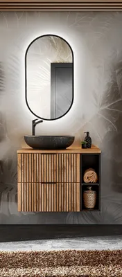 Produktbild von MONTIERT Design Badmöbel Set XILO 80 cm mit Waschbecken schwarz LED Soft-Close Waschtisch Spiegel