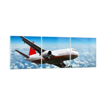 Produktbild von Bilder auf glas - Passagier Flugzeug Motoren Wolken - 150x50cm - Glasbilder - Wandbilder - Kunstdruck - Wanddekoration aus Glas - Glas Bilder - Wandbild auf Glas - GCA150x50-0375