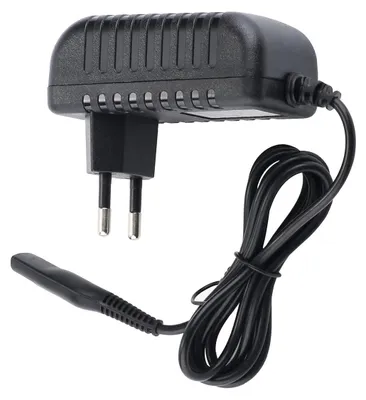 A black power adapter with a European plug and a coiled cable.