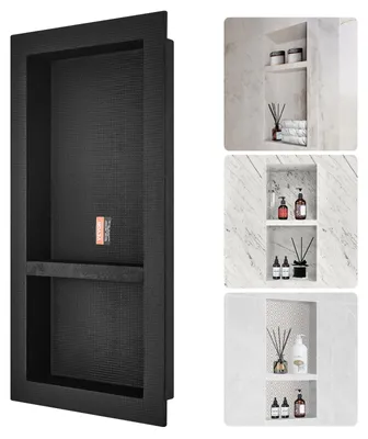 Produktbild von VEVOR Duschnische bereit für Fliesen 40,64 x 127 cm, Einzelregal-Organizer, quadratische Ecken Wand-eingelassene Nische, versiegelter Schutz moderner Seifenlager-Nische für Dusche Badezimmer, Schwarz, 2 Schichten, 16x32 Zoll