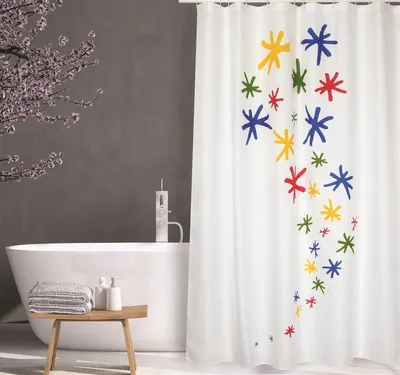 Produktbild von Cotexsa by MSV Premium Anti-Schimmel Textil Duschvorhang - Anti-Bakteriell, waschbar, 100% wasserdicht, mit 12 Duschvorhangringen - Polyester, „Orion“ Weiß Bunt 180x200cm –  Spain