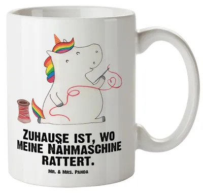 Produktbild von Mr. & Mrs. Panda Große Teetasse Einhorn Näherin - Weiß - Geschenk, Einhörner, Kaffeepott, Pott, jumbotasse, Häkeln, Stricken, Deko, Freundin, Nähen, Henkelbecher, Tasse