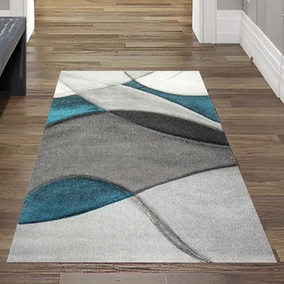 Obrázok produktu pre Moderný koberec do obývačky s abstraktným vzorom v modrej, šedej a čiernej farbe, rozmery – 80 x 300 cm