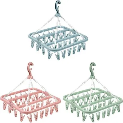 Immagine prodotto di Armadio portabiancheria pieghevole in tre parti con gancio antivento, ganci in plastica per calzini e biancheria intima, 96 mollette, capi di abbigliamento di piccole dimensioni