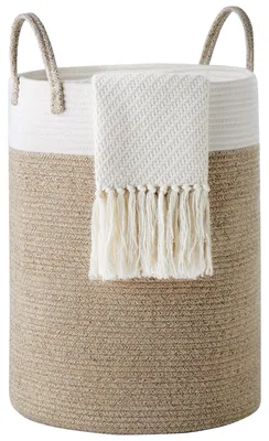Image de Panier à linge tissé, panier de rangement pour jouets avec poignée, fabriqué à la main en coton, blanc et marron