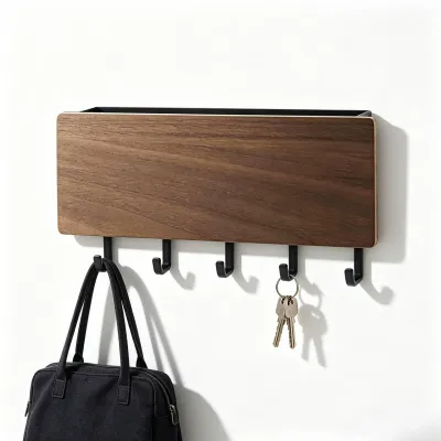 Produktbild von Schlüsselhalter mit 5 Haken und einem kleinen Ablagefach, Wandregal mit Schlüsselbrett für Eingangsbereich, Flur, Schlafzimmer, Wohnzimmer (Walnussfarbe)