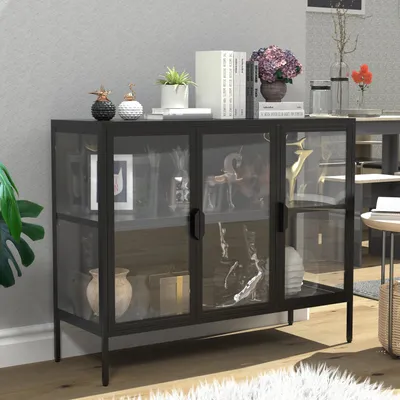 Produktbild von VCM Glasvitrine stehend | Vitrine Glas mit ESG-Sicherheitsglas | Maße ca.  H. 80 x B. 100 x T. 35 cm | Standvitrine Glas | Modern und platzsparend | Glas Vitrinenschrank – Floka L