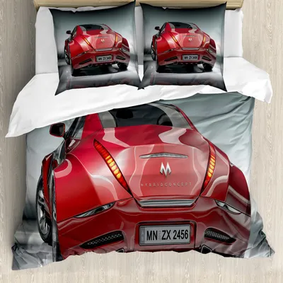 Produktbild von ABAKUHAUS Autos Bettbezug Set, Red Sports Car Konzept Design Realistische leistungsstarke Motor Fahrzeuggeschwindigkeit Automobil, 200 x 200 cm + 80 x 80 cm, Schwarz Grau Rot