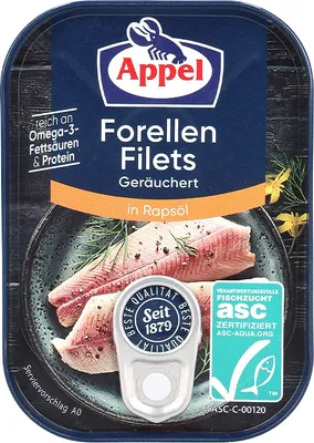 Produktbild von APPEL ASC geräucherte Forellen-Filets in Rapsöl 110g