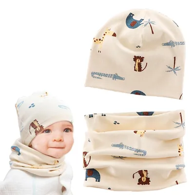 Produktbild von Baby Mütze Schal Set Baumwolle Winter Beige Elefant L
