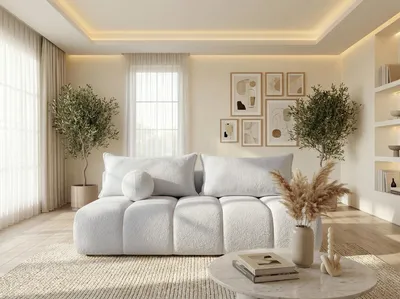 Produktbild von Schlafsofa mit Bettkasten – 3-Sitzer Sofa Couch mit Schlaffunktion, Bettfunktion – Skandinavische Polstercouch im modernen Design – Weicher Bouclé, Bouclestoff – Creme Weiß