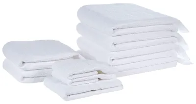 Produktbild von BELIANI Handtuch-Set mit Badematte Weiß Baumwolle und Polyester 9-teilig mit Fransen Modern Saugfähig Schnelltrocknend Ringgesponnen für Badezimmer